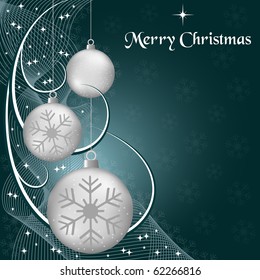 Xmas balls, wispy lines, stars and snowflakes on dark blue background. Copy space for text. Raster also available.