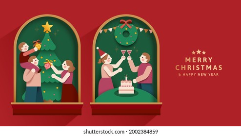 Xmas banner in 3d beautiful retro paper art. Layout of different family celebrating Christmas together in two windows.