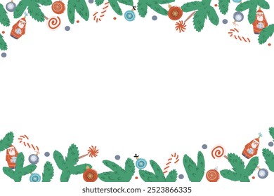Xmas banner with candy cane and lollipop, fir branch and baubles. Traditional christmas festive background in flat style. Hand drawn vector illustration.