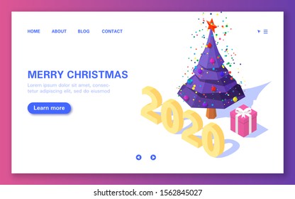 Xmas banner. Christmas tree with decorations, gift box and 2020 numbers on white background. Isometric vector illustration.