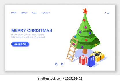 Xmas banner. Christmas tree with gift boxes and ladder on white background. Isometric vector illustration.
