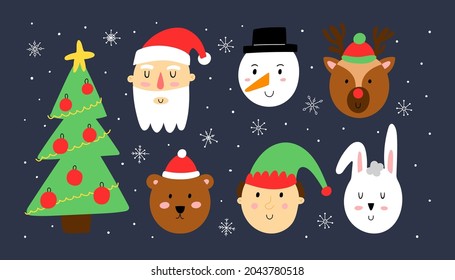 Xmas banner. Cute christmas portraits, Santa Claus and snowman, Rudolph deer and elf, winter bear and rabbit, funny characters decor faces, postcard, print or poster vector cartoon elements