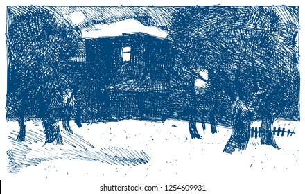 Сozy xmas barn design on snowstorm sky card backdrop. Freehand line black ink hand drawn fir bush picture sketchy in retro artistic tale doodle cartoon engrave print style pen on paper space for text