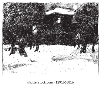 Сozy xmas barn design on snowstorm sky card backdrop. Freehand line black ink hand drawn fir bush picture sketchy in retro artistic tale doodle cartoon engrave print style pen on paper space for text