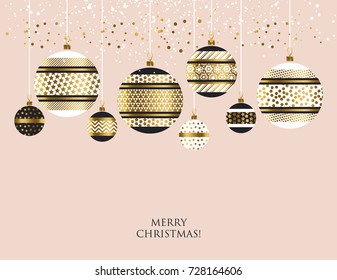 Xmas bauble ball decoration seamless pattern vector illustration. motif for card, invitation, header, print and web design. Merry Christmas and Happy New Year card with gold, white and striped balls