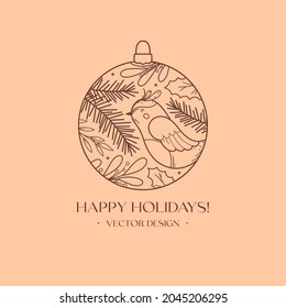 Xmas bauble linear emblem with dove, floral elements,fir branch,berries.Vector Christmas and New Year festive ball with traditional winter holiday symbol in trendy minimal style.Holiday concept