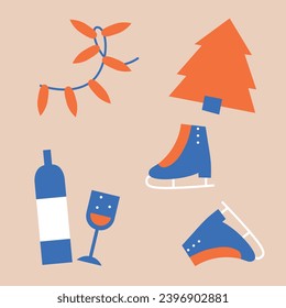 Xmas Baubles and Decoration. Cartoon Vector Illustration, Icon, Clip Art. Minimalist holiday aesthetics. Christmas Tree Toys in Cute Scandinavian Folk Style.