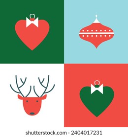 Xmas Baubles and Decoration. Cartoon Vector Illustration, Icon, Clip Art. Minimalist holiday aesthetics. Christmas Tree Toys in Cute Scandinavian Folk Style.