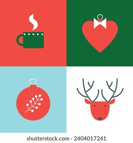Xmas Baubles and Decoration. Cartoon Vector Illustration, Icon, Clip Art. Minimalist holiday aesthetics. Christmas Tree Toys in Cute Scandinavian Folk Style.