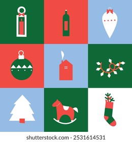 Xmas Baubles and Decoration. Cartoon Vector Illustration, Icon, Clip Art. Minimalist holiday aesthetics. Christmas Tree Toys in Cute Scandinavian Folk Style.	
