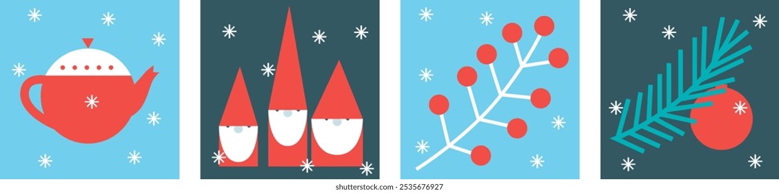 Xmas Baubles and Decoration. Cartoon Vector Illustration, Icon, Clip Art. Minimalist holiday aesthetics. Christmas Tree Toys in Cute Scandinavian Folk Style.