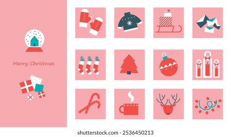 Xmas Baubles and Decoration. Cartoon Vector Illustration, Icon, Clip Art. Minimalist holiday aesthetics. Christmas Tree Toys in Cute Scandinavian Folk Style.	