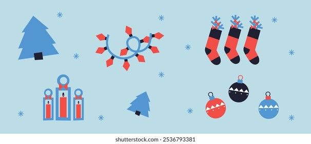 Xmas Baubles and Decoration. Cartoon Vector Illustration, Icon, Clip Art. Minimalist holiday aesthetics. Christmas Tree Toys in Cute Scandinavian Folk Style.	
