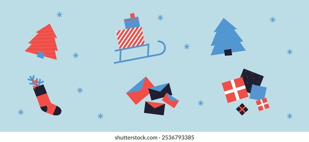 Xmas Baubles and Decoration. Cartoon Vector Illustration, Icon, Clip Art. Minimalist holiday aesthetics. Christmas Tree Toys in Cute Scandinavian Folk Style.	
