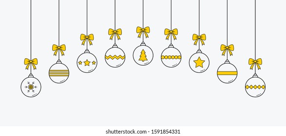 Xmas baubles on white background. Christmas ornament. Banner. Vector
