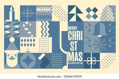 Xmas Bauhaus holiday Geometric background. Merry Christmas pattern, wallpaper, banner, Winter Celebration print festive design cover. Modern Holiday vector ornament, minimal Scandinavian retro shapes