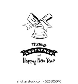 Xmas Bell Ribbon. Merry Christmas and Happy New Year Greeting Card, Vector Illustration