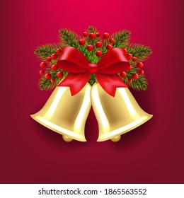 Xmas Bells With Holly Berry And Red Background With Gradient Mesh, Vector Illustration