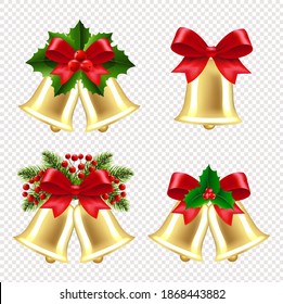Xmas Bells With Holly Berry And Transparent Background With Gradient Mesh, Vector Illustration
