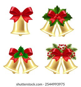 Xmas Bells With Holly Berry And White Background 
With Gradient Mesh, Vector Illustration