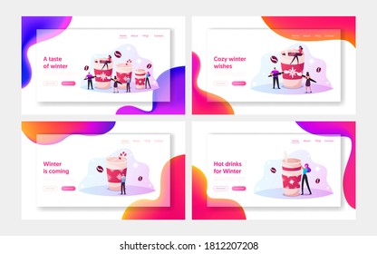 Xmas Beverage, Hot Drink in Mug Landing Page Template Set. Tiny Characters Drinking Coffee and Decorating Huge Cup with Snowflakes Ornament for Christmas Holiday. Cartoon People Vector Illustration