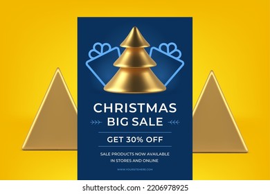 Xmas big sale discount shopping offer blue ad flyer template realistic 3d icon vector illustration. Christmas shopping special offer business promo golden premium spruce gift box present frame toy