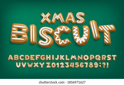 Xmas Biscuit alphabet font. 3D cartoon letters and numbers. Holiday vector illustration for your design.