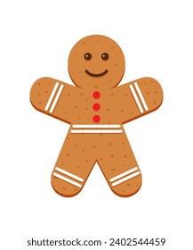 Xmas biscuit gingerbread man. Christmas cookies isolated on white background. Noel holiday sweet dessert. Cute ginger bread character in flat cartoon 