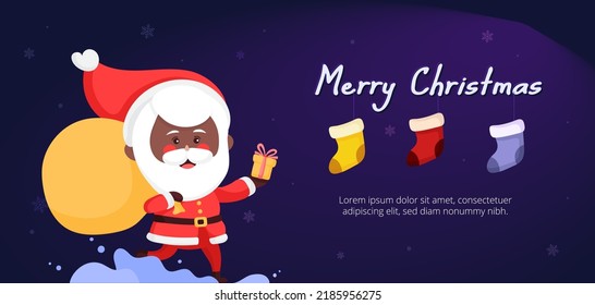 Xmas Black Santa on the way sending gift. Christmas Festival Winter Season Celebration with hanging socks illustration Design.