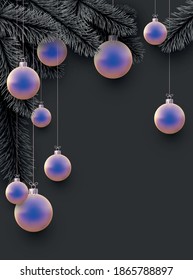 Xmas blue and beige baubles and spruce branches. New year flyer, poster, card, brochure. Space for text. Vector festive illustration.