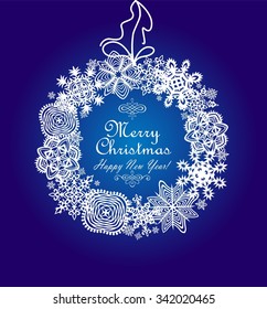 Xmas blue card with hanging paper snowflakes wreath