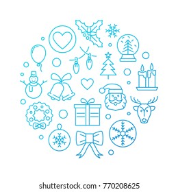 Xmas blue vector round illustration or symbol in thin line style on white background