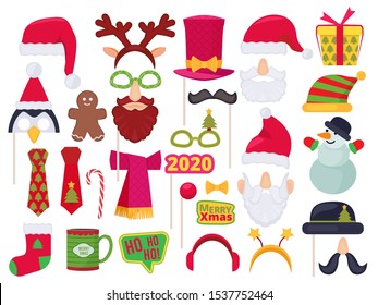 Xmas booth. Holidays funny characters costumes and hats for photo session party masked santa snowman elf vector