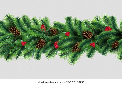 X-mas border. Christmas tree garland with cones and red berries. Vector realistic fir tree branches and cones isolated on transparent background