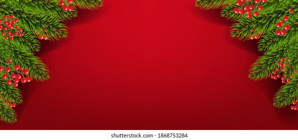 Xmas Border Garland With Holly Berry Red background With Gradient Mesh, Vector Illustration