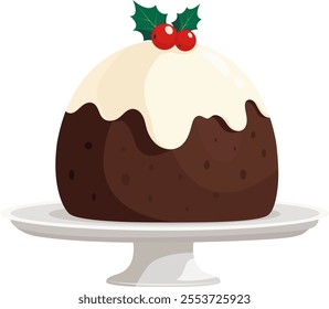 Xmas cake christmas pudding. Sticky sponge cake with dried and candied fruit and citrus zest. Isolated vector illustration in flat style