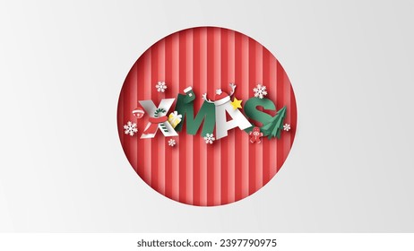 XMAS calligraphy in circle frame decorated with Christmas tree, gift, bell, snowflake, star, sock, gingerbread man, candy cane, reindeer horn. paper cut and craft style. vector, illustration.