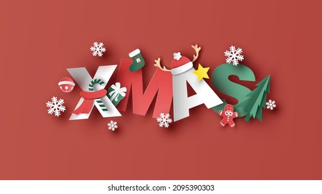 XMAS calligraphy decorated with Christmas tree, gift, bell, snowflake, star, sock, gingerbread man, candy cane, reindeer horn. Merry Christmas. paper cut and craft style. vector, illustration.