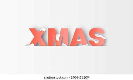 XMAS calligraphy decorated with snow. Red XMAS calligraphy. Merry Christmas and Happy new year. paper cut and craft style. vector, illustration.
