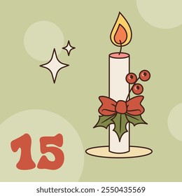 Xmas candle with bow and holly isolated on green background. Christmas advent calendar design, day 15. Vector groovy style illustration