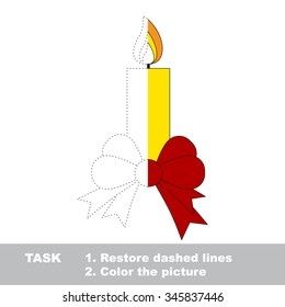 Xmas candle with bow vector colorful to be traced. Restore dashed line and color the picture. Worksheet to be colored.