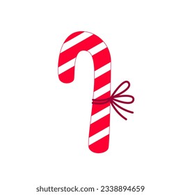 Xmas candy cane isolated on white backdrop. Vector illustration. Top view on icon. Template for greeting card on Christmas and New Year.