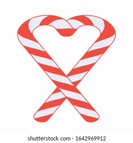 Xmas candy cane isolated vector illustration. In the shape of a heart. Template for greeting card on Christmas and New Year.