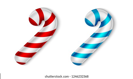 Xmas Candy Cane Set, Merry Christmas and Happy New Year Concept, Isolated on White Background, Hand Drawn Realistic Vector 3D Illustration 