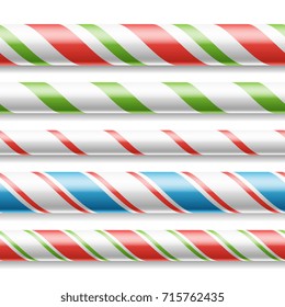 Xmas Candy Cane Vector. Horizontal Seamless Pattern Isolated On White. Good For Christmas Banner And New Year Design. Realistic Illustration