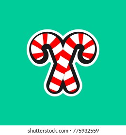 Xmas candy canes icon, Christmas isolated sticker, flat design template, vector illustration