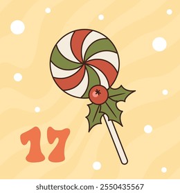 Xmas candy with holly isolated on yellow background. Christmas advent calendar design, day 17. Vector groovy style illustration