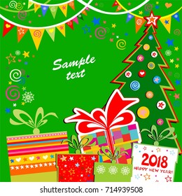Xmas card. 2018 Happy New Year greeting card. Celebration background with Christmas tree, gift boxes and place for your text. vector illustration