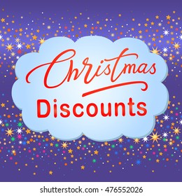 Xmas card calligraphy cloud isolated on background with stars, vector illustration