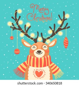 Xmas card with christmas santa reindeer. Cute cartoon deer with garlands on the horns and scarf. Vector illustration